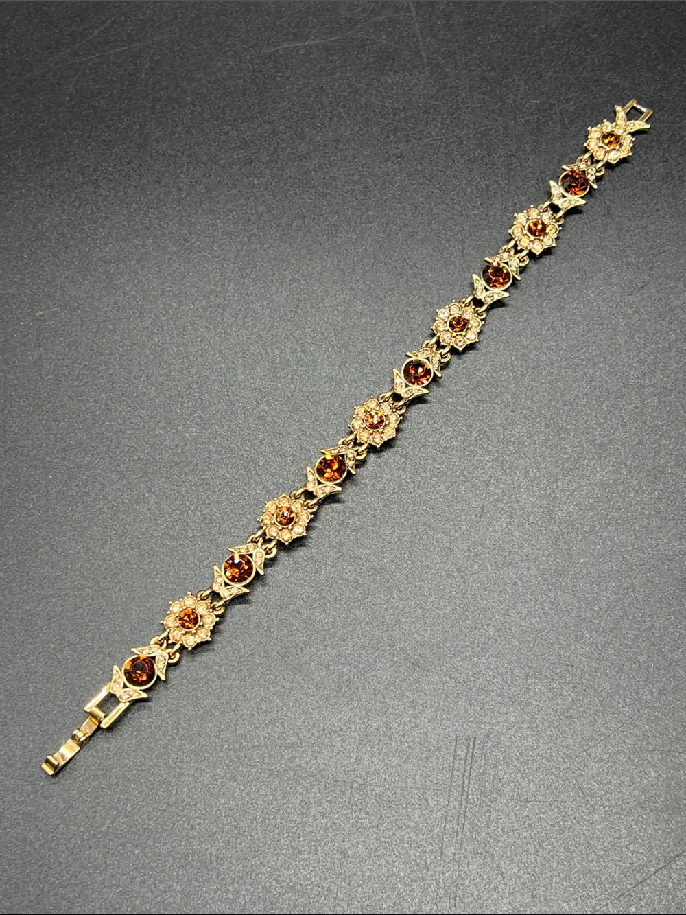 Vintage Monet Amber Topaz Rhinestone Floral Bracelet 7.5” Gold Tone - Picture 4 of 12